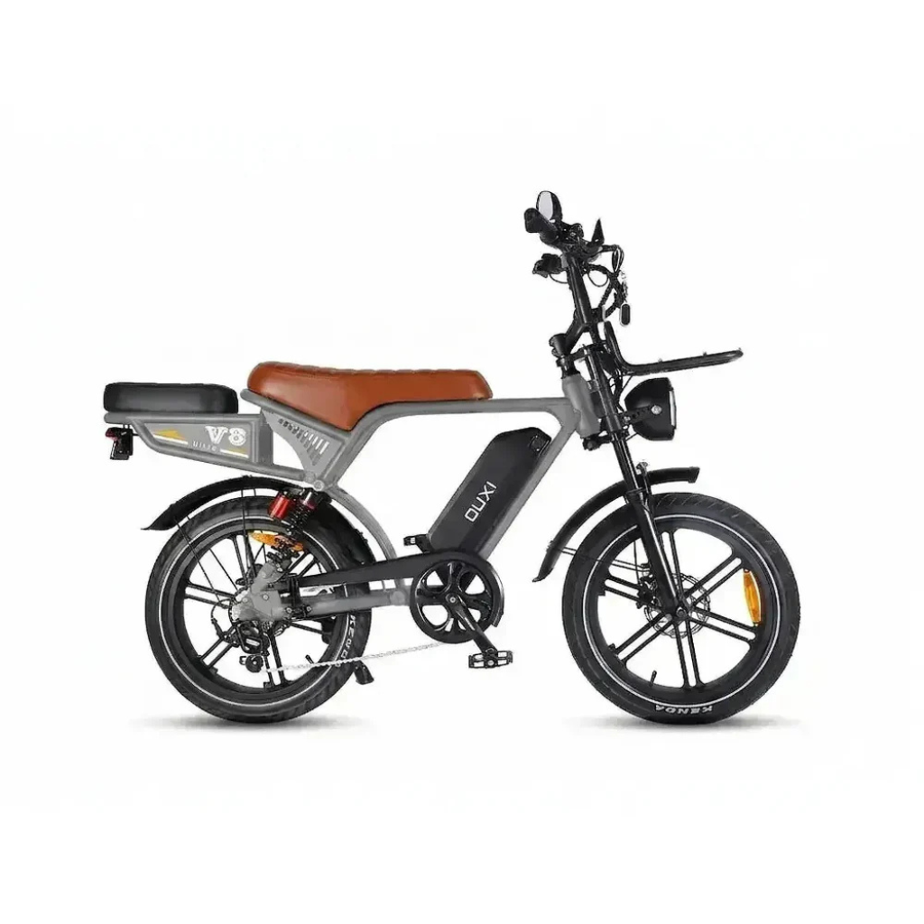 OUXI V8 Ultra - Gris - Selle Marron (avec siège arrière, porte-bagages avant et alarme)